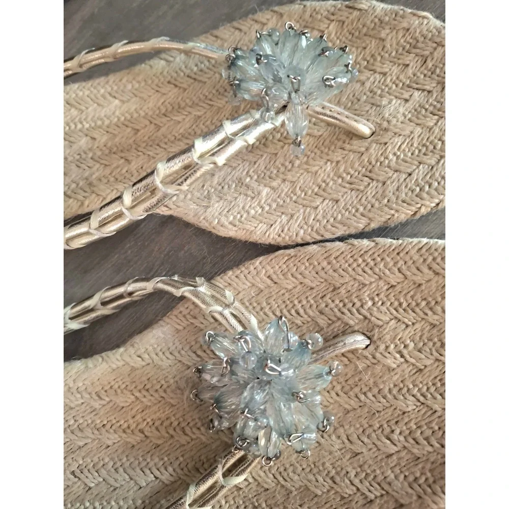 Cole Haan Crystal Beaded Flower Jute Beach Fairycore Kitten Heel Sandal 7.5/8
